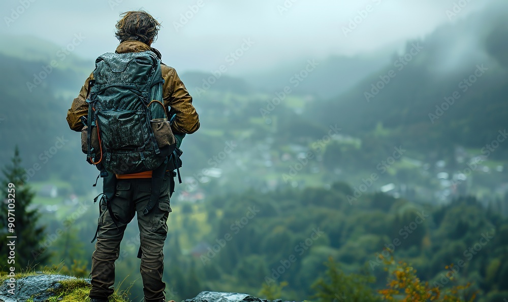 A hiker embraces his backpack while gazing at the breathtaking landscape. A hiker embraces his backpack while gazing at the breathtaking landscape.