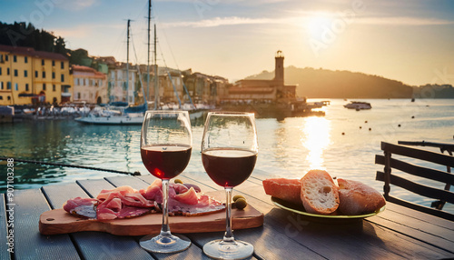 italy. a bistro table with two glasses of redwine and some olives and ham and bread  photo