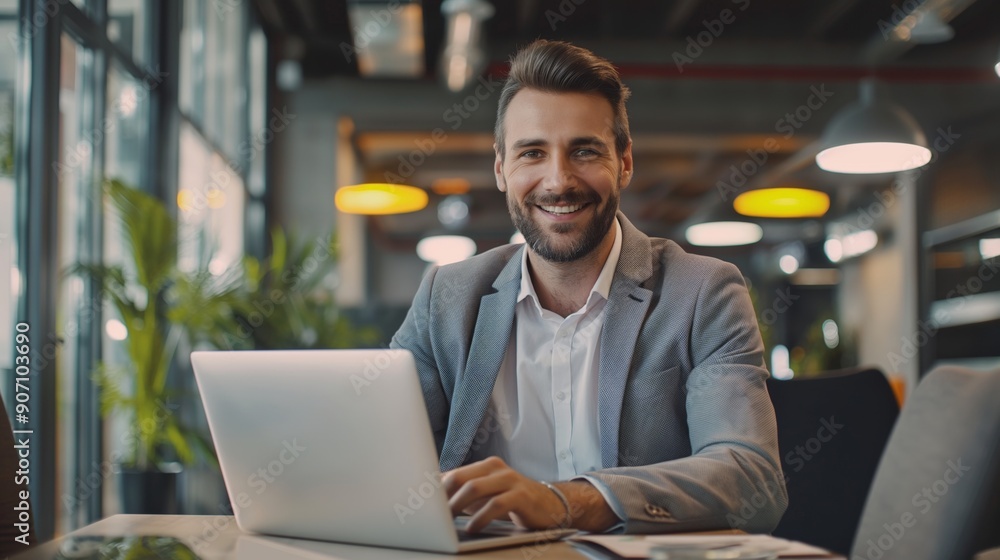 Portrait of happy young businessman working on his laptop Portrait of happy young businessman working on his laptop