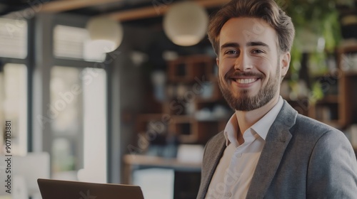 Portrait of happy young businessman working on his laptop