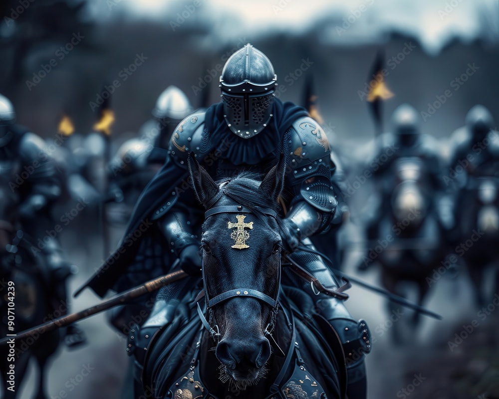 Charging horses with knights in full armor ready for battle, showcasing medieval warfare, Historical, Dark tones, Digital painting Charging horses with knights in full armor ready for battle, showcasing medieval warfare, Historical, Dark tones, Digital painting