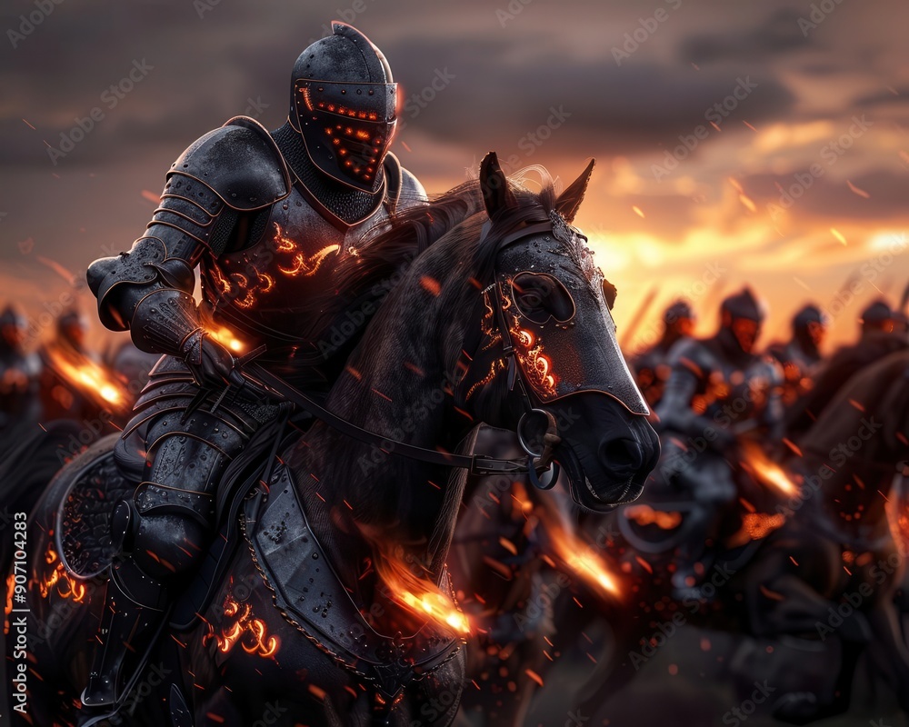 Naklejka premium Charging horses with knights in full armor ready for battle, showcasing medieval warfare, Historical, Dark tones, Digital painting
