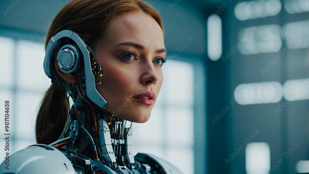 Futuristic Robot Woman Featuring Intricate Mechanical Components Against a Colorful Neon Background Futuristic Robot Woman Featuring Intricate Mechanical Components Against a Colorful Neon Background