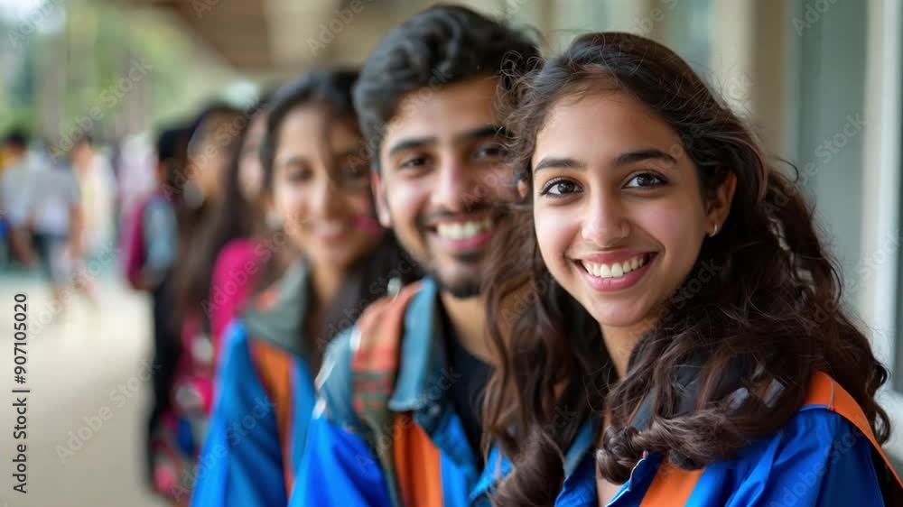 A group of students stands in line, smiling cheerfully as they enjoy each other's company during a lively campus event on a sunny day. A group of students stands in line, smiling cheerfully as they enjoy each other's company during a lively campus event on a sunny day.