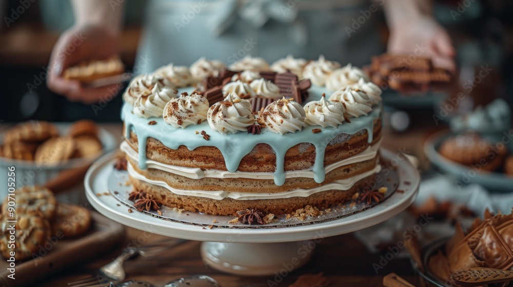 Naklejka premium Delicious layered cake with frosting and decorations - generative ai