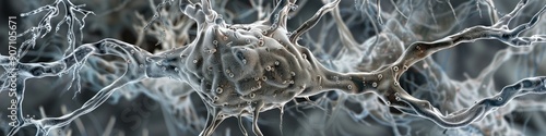 Microscopic view of a senile brain tissue sample stained using a silver method revealing a neuron afflicted with a neurofibrillary tangle a common characteristic in Alzheimer s disease photo