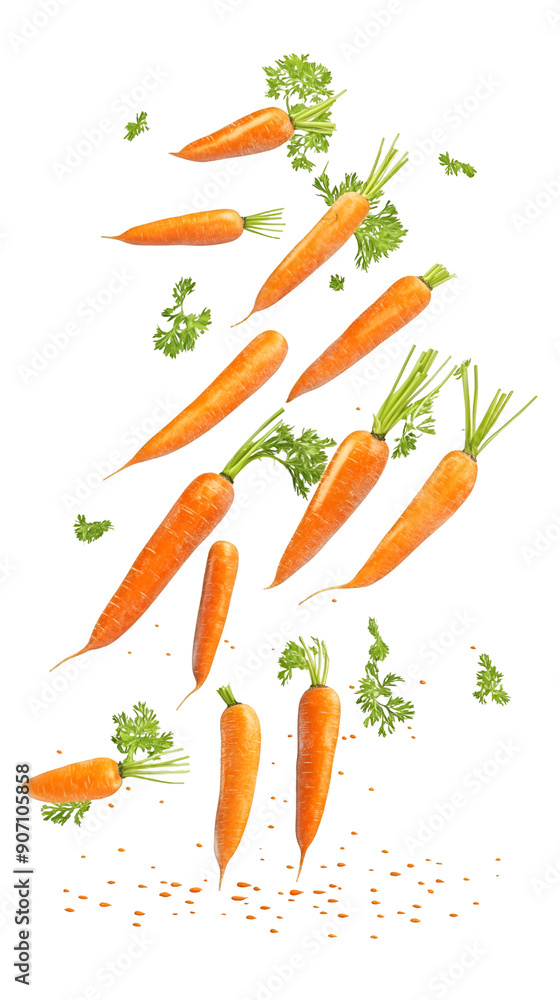 Falling carrots isolated on white background, full depth of field, transparent png background Falling carrots isolated on white background, full depth of field, transparent png background