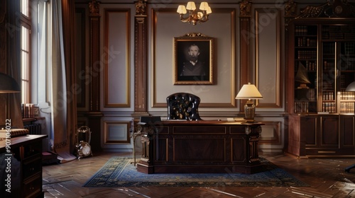 A luxurious executive office with antique decor, featuring a grand wooden desk, leather chair, and classic artwork, exuding sophistication and prestige. photo