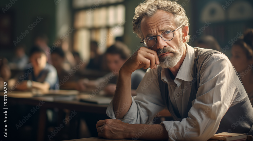 A mature professor lost in thought, with students blurred in the background of a classroom setting A mature professor lost in thought, with students blurred in the background of a classroom setting