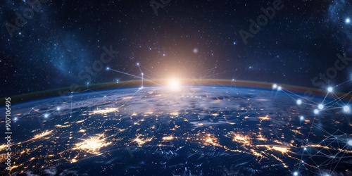 A view of Earth from space with a sunrise and digital network connections, symbolizing global connectivity and technology. photo