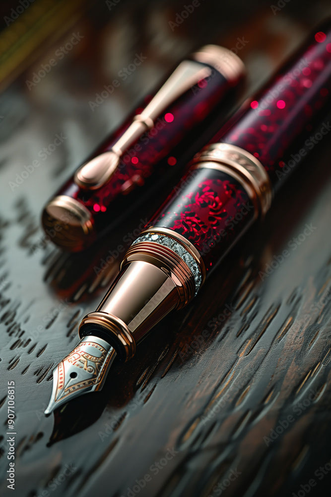 Elegant fountain pen with deep red marbled body and gold accents ...
