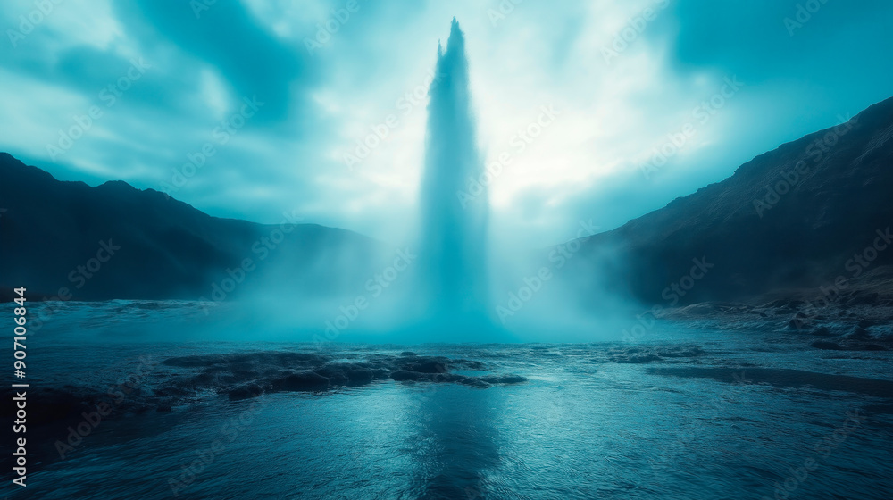 Naklejka premium Geyser erupting, shooting a powerful fountain of water and steam. Geyser creating an impressive natural explosion of power and geothermal beauty of the phenomenon.
