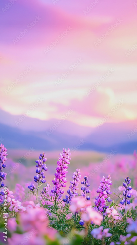 Naklejka premium phone wallpaper of purple flowers in foreground and mountain landscape in background, purple pastel hues