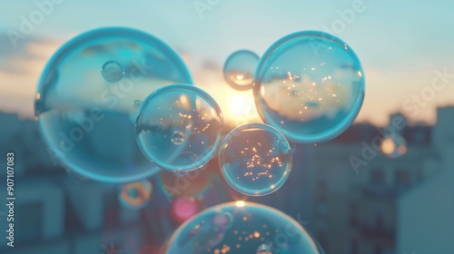 Wallpaper Mural Beautiful blue soap bubbles floating over rooftops in a city. Giant blue soap bubbles under golden hour sky. Torontodigital.ca