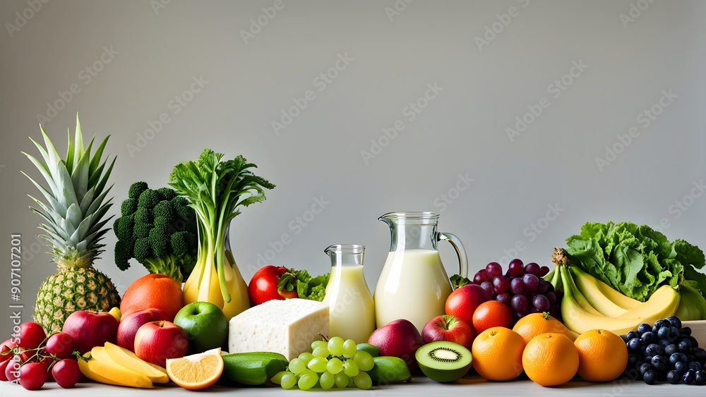 A table full of fruits and vegetables including apples, oranges, bananas, grapes A table full of fruits and vegetables including apples, oranges, bananas, grapes