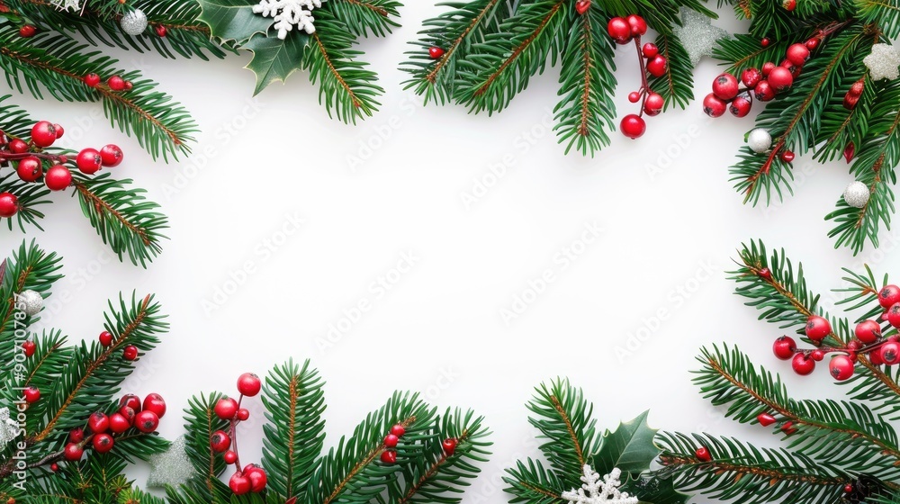 Holiday greeting card with space for text and festive fir tree and holly decoration on white background Holiday greeting card with space for text and festive fir tree and holly decoration on white background