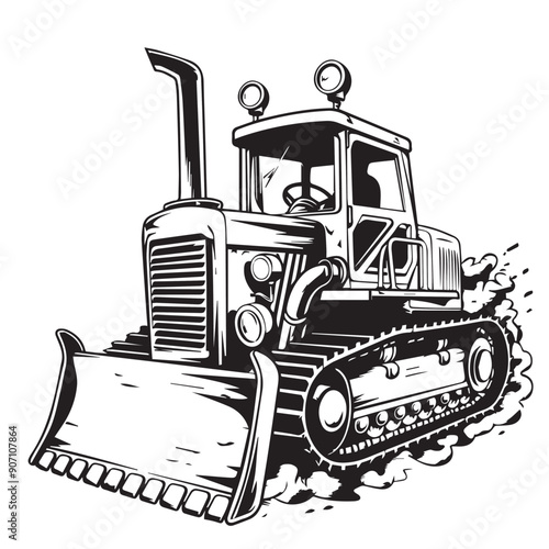 Bulldozer in cartoon, doodle style . Image for t-shirt, web, mobile apps and ui. Isolated 2d vector illustration in logo, icon, sketch style, Eps 10, black and white. AI Generative