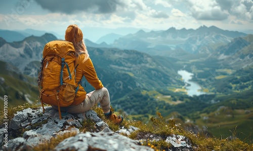 A hiker with a backpack relaxes at the mountain's peak, taking in the breathtaking valley view, embodying the spirit of outdoor adventure.