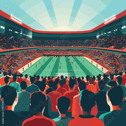 Crowded football stadium enthusiastic fans watching soccer match. Spectators red outfits gathered sporting event, enjoying game. Huge audience attentively observes soccer players competing green