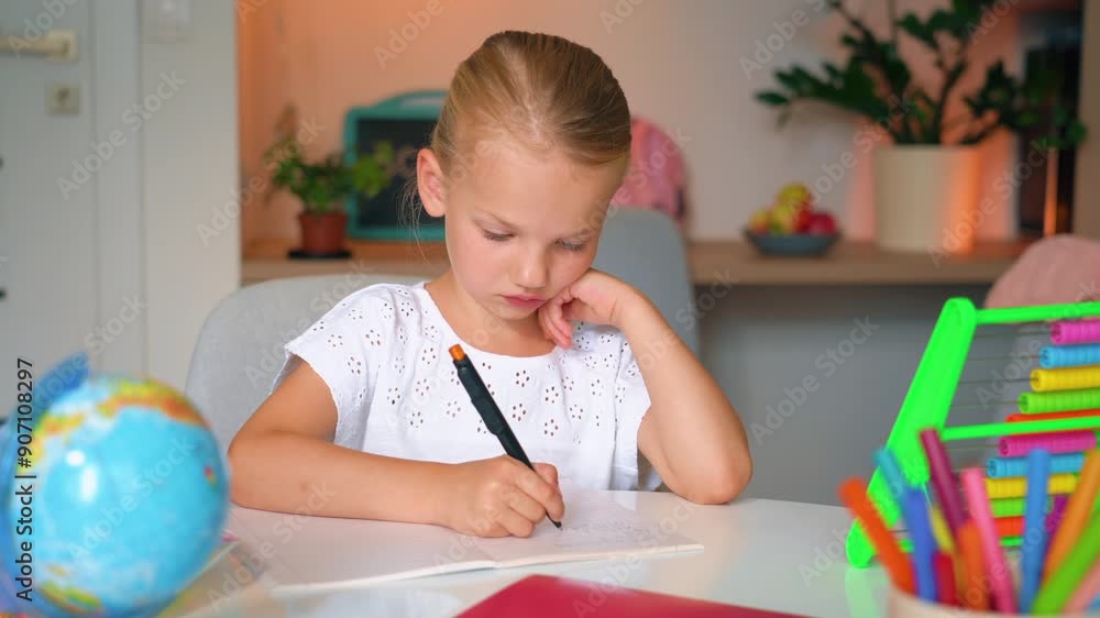 Child Girl student writing in study online class learning or kid girl write and doing homework on paper. The concept of online and home education. Cute smart primary school child girl learning. Child Girl student writing in study online class learning or kid girl write and doing homework on paper. The concept of online and home education. Cute smart primary school child girl learning.