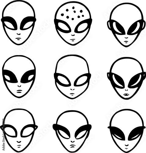 Set of Extraterrestrial Faces Vector Illustration , Set of Alien Faces Vector Illustration ,UFO Entity Faces Vector Art
