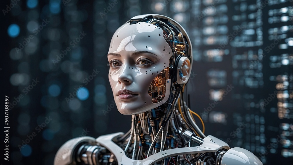 Realistic Robotic Face With Intricate Circuitry Displayed in Futuristic Environment at Night Realistic Robotic Face With Intricate Circuitry Displayed in Futuristic Environment at Night