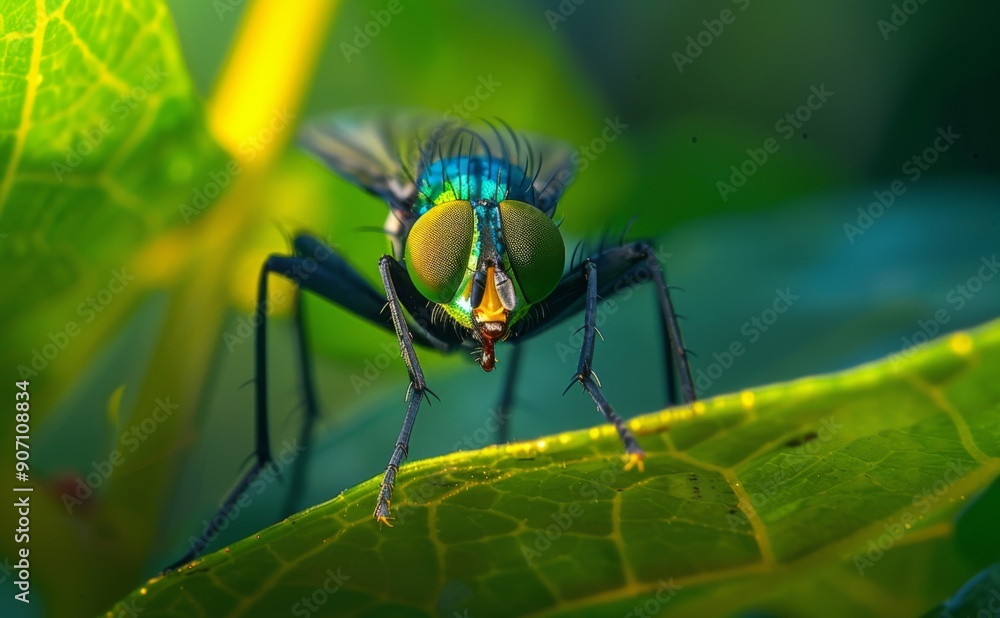 Naklejka premium Verdant Intrigue: A Macro Portrait of a Green Fly Perched on a Leaf with a Naturally Blurred Background, Embracing the Delicate Details of Insect Life