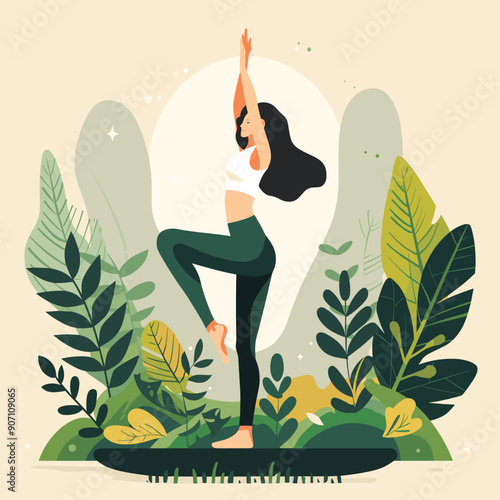 Obraz na płótnie Woman practicing yoga nature surrounded foliage. Female tree pose, balancing one leg, arms up, peaceful serene expression. Yoga park, healthy lifestyle, green foliage, wellness concept w salonie