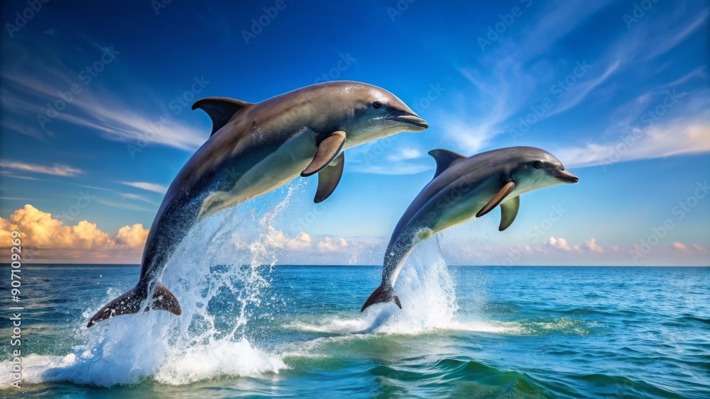 Fototapeta premium Two dolphins leaping out of the water in perfect synchrony, dolphins, marine life, jumping, ocean, wildlife, aquatic, graceful
