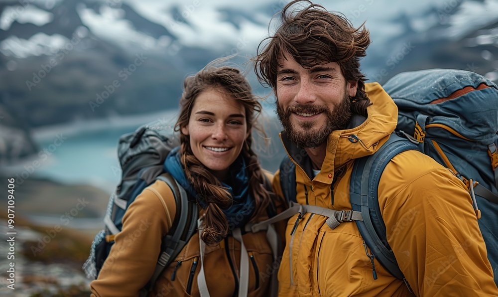 A hiking couple smiles broadly in front of a mountain, capturing the essence of their nature-filled journey and joyful lifestyle. A hiking couple smiles broadly in front of a mountain, capturing the essence of their nature-filled journey and joyful lifestyle.