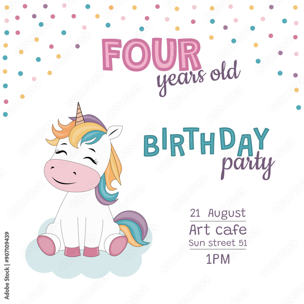 4 years Birthday party invitation with unicorn. 4 years Birthday party invitation with unicorn.