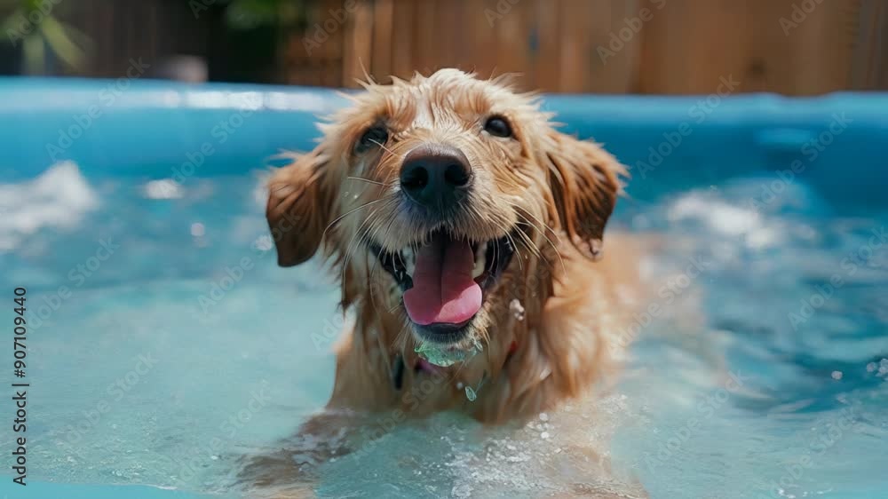 A joyful golden retriever swims and plays in a backyard pool, capturing the essence of summer fun and playful moments A joyful golden retriever swims and plays in a backyard pool, capturing the essence of summer fun and playful moments
