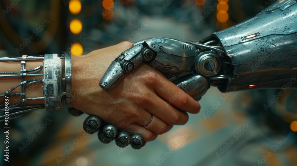 Handshake between human and robot in industrial setting - generative ai Handshake between human and robot in industrial setting - generative ai