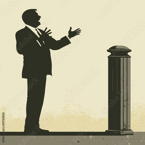 Silhouette man speaking passionately beside podium. Male speaker gesturing during presentation. Political figure making speech event