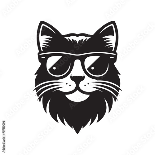 Cat head wearing sunglass silhouette vector art illustration template