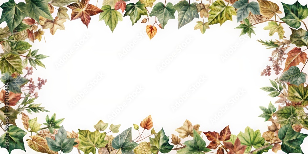 Fototapeta premium Watercolor herbarium frame with plants and forest leaf art card featuring ivy for autumn, summer, and spring seasons