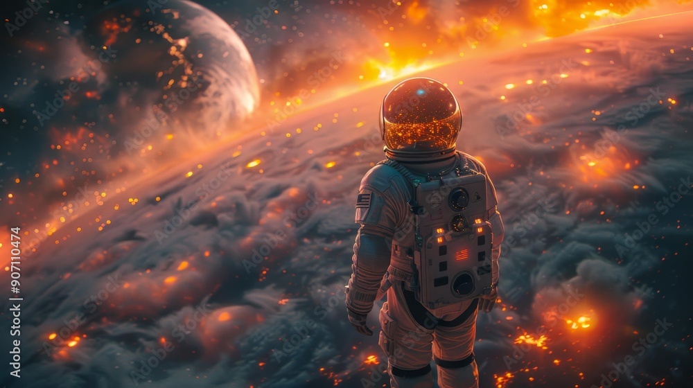 Astronaut watching fiery planet surface - generative ai Astronaut watching fiery planet surface - generative ai