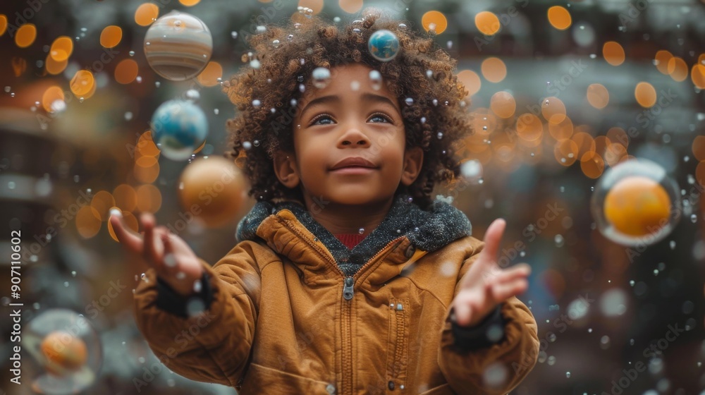 Child playing with floating planets in magical setting - generative ai Child playing with floating planets in magical setting - generative ai