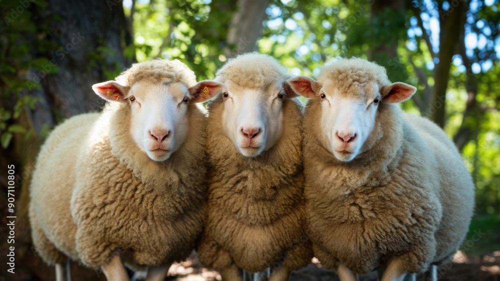 Three sheep standing together in a forest with trees behind them, AI Three sheep standing together in a forest with trees behind them, AI
