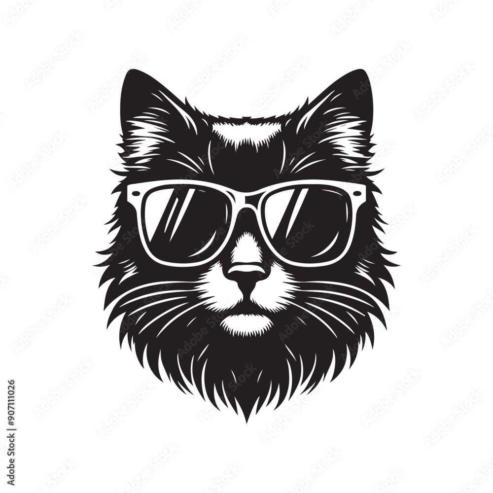 Fototapeta premium Cat head wearing sunglass silhouette vector art illustration template