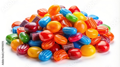 Vibrant assortment of colorful sweets forms a tempting heap, featuring red, blue, and orange treats with shiny coatings, against a clean white background.