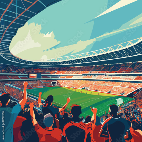 Crowd cheering soccer match stadium. Fans raising fists excitement during football game. Large football stadium filled spectators