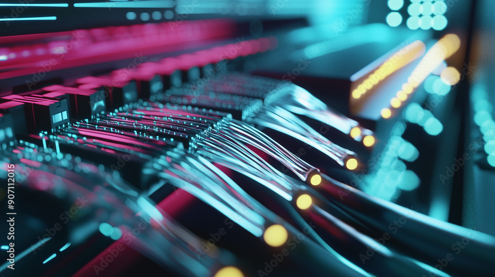 close-up of fiber optic cables neatly arranged in a data center, with light reflecting off their surfaces and a background of high-tech servers close-up of fiber optic cables neatly arranged in a data center, with light reflecting off their surfaces and a background of high-tech servers