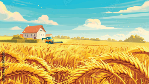 Harvester machine harvesting wheat fields near under blue sky, ripe cereal crop agricultural landscape. Golden wheat field ready harvest, machinery, rural, summer season
