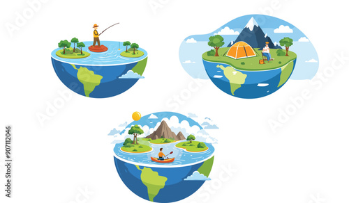 Illustrazione vettoriale di un'isola tropicale con attività outdoor, sabbia e oceano azzurro, perfetta per rappresentare un rifugio paradisiaco immerso nella natura incontaminata.