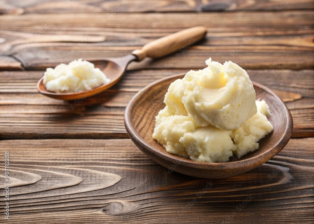 Natural wooden background with a creamy shea butter plate and a small metal scoop, evoking a sense of relaxation and spa-like tranquility. Natural wooden background with a creamy shea butter plate and a small metal scoop, evoking a sense of relaxation and spa-like tranquility.