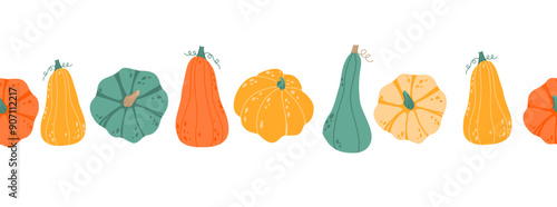 Colorful autumn pumpkins horizontal seamless background. Seasonal fall harvest.  Hand drawn  flat vector illustration isolated on white background, design element. Seasonal fall banner 