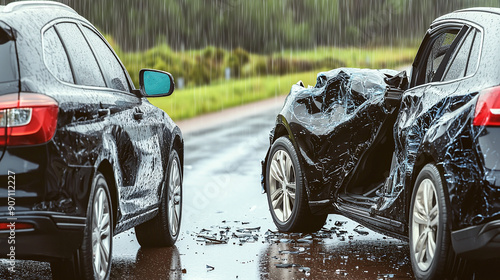 damaged front and rear ends of two cars after a collision in the rain