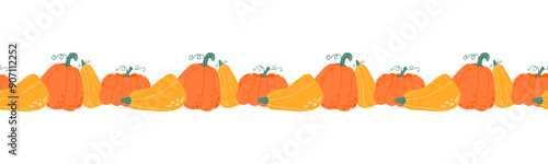 Colorful autumn pumpkins horizontal seamless background. Seasonal fall harvest.  Hand drawn  flat vector illustration isolated on white background, design element. 
