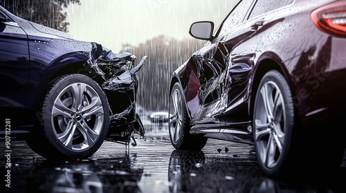 damaged front and rear ends of two cars after a collision in the rain